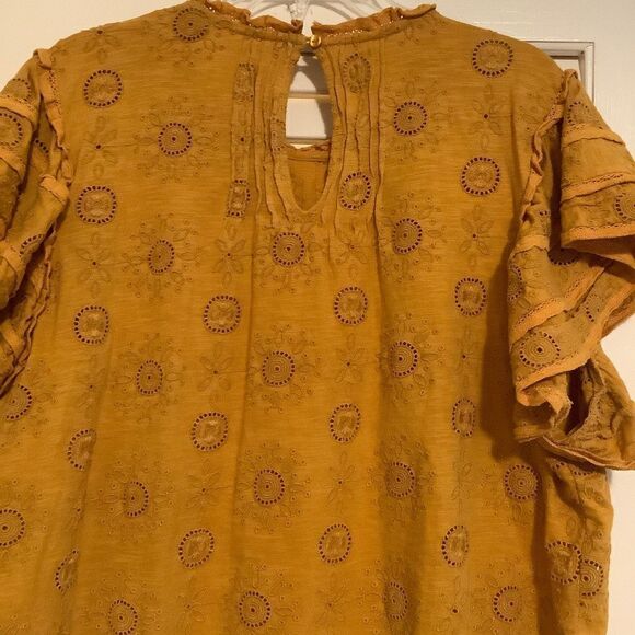 anthropology MUSTARD YELLOW FLATTER SLEEVE EYELET EMBROIDERED COTTON - Picture 7 of 15